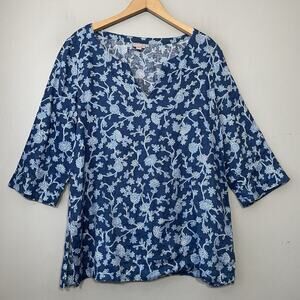 J Jill Popover Top Size Medium Blue Floral 100% Linen Romantic Cottagecore Chic